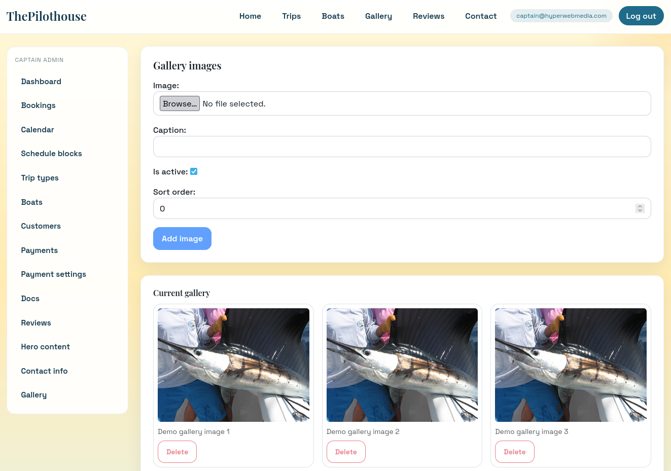 Pilothouse gallery manager for adding trip photos - Charter captain dashboard