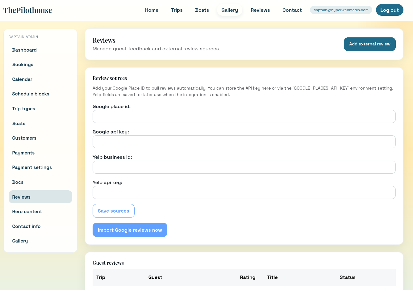 Pilothouse reviews manager for importing or adding reviews - Charter captain software