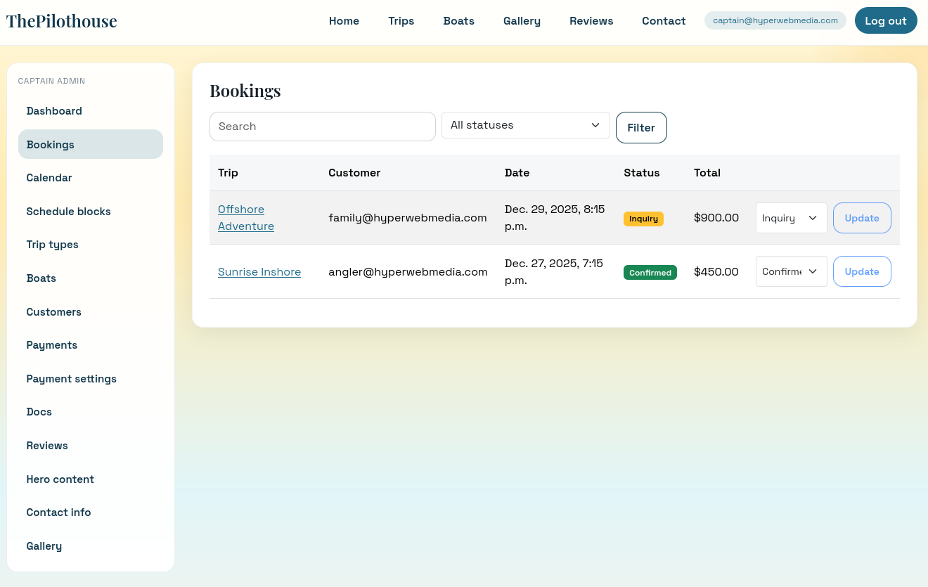 Pilothouse bookings pipeline showing reservation status and payments - Charter captain software