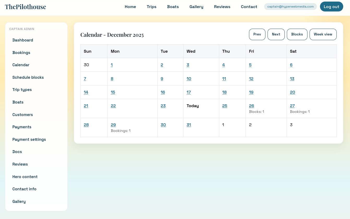 Pilothouse calendar view showing trip availability and blocked dates - Charter captain dashboard
