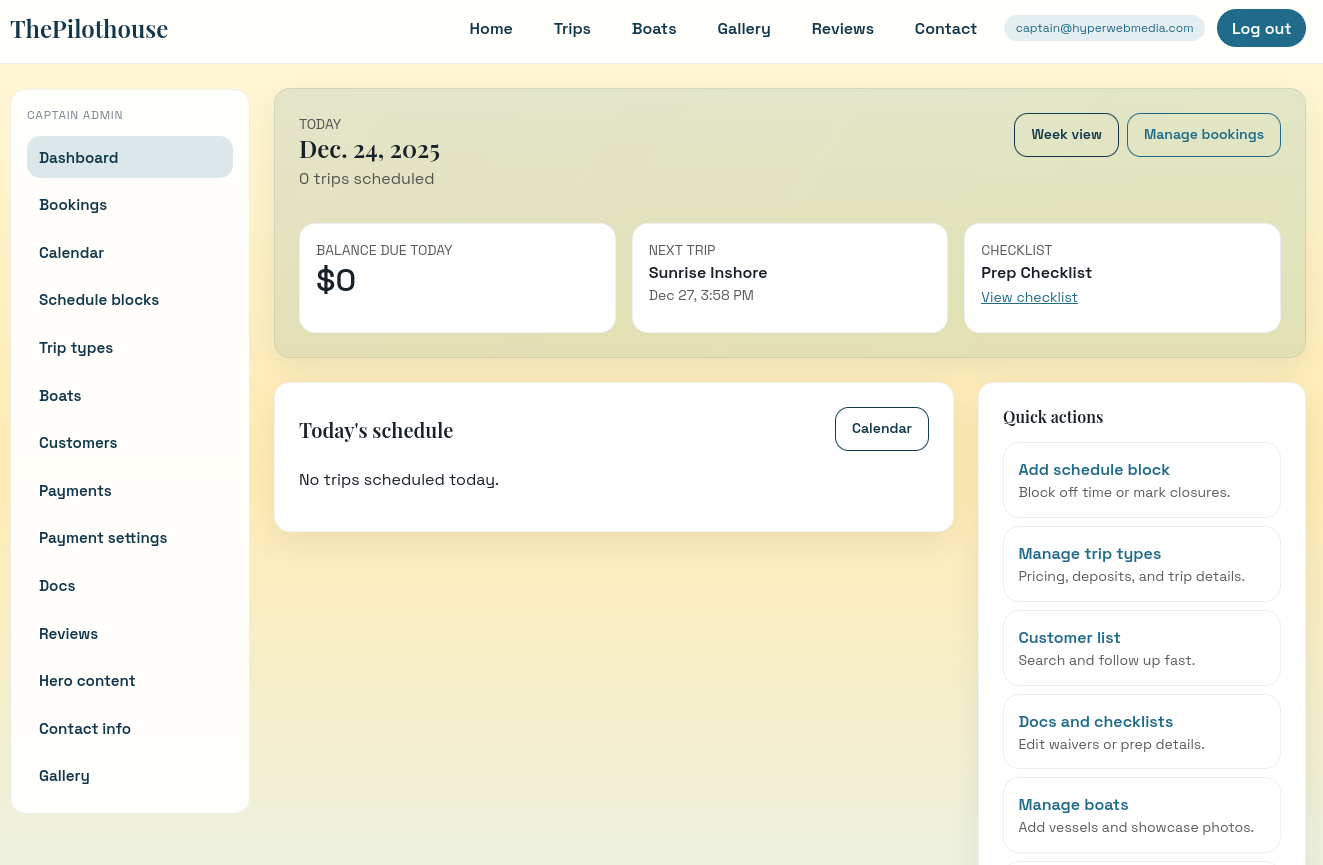 Pilothouse dashboard overview showing trips, bookings, and revenue - Charter captain software
