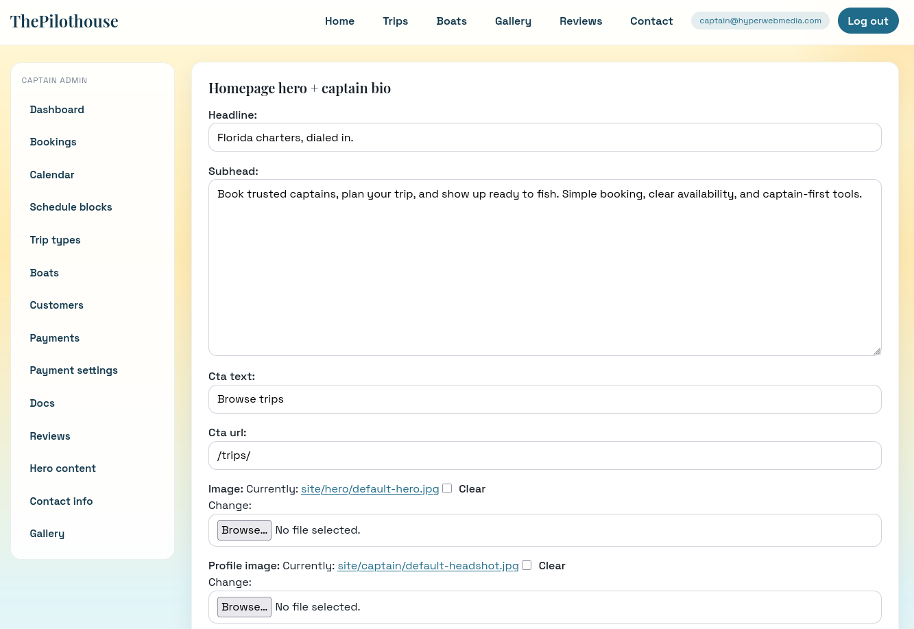 Pilothouse homepage customization controls for hero and featured trips - Charter boat software