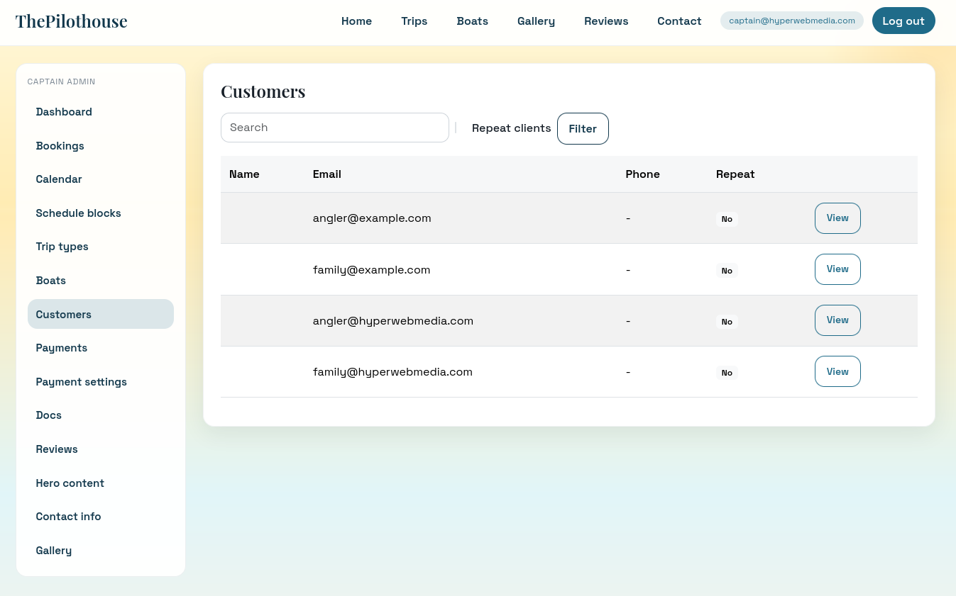 Pilothouse customer management list with booking history - Charter captain dashboard