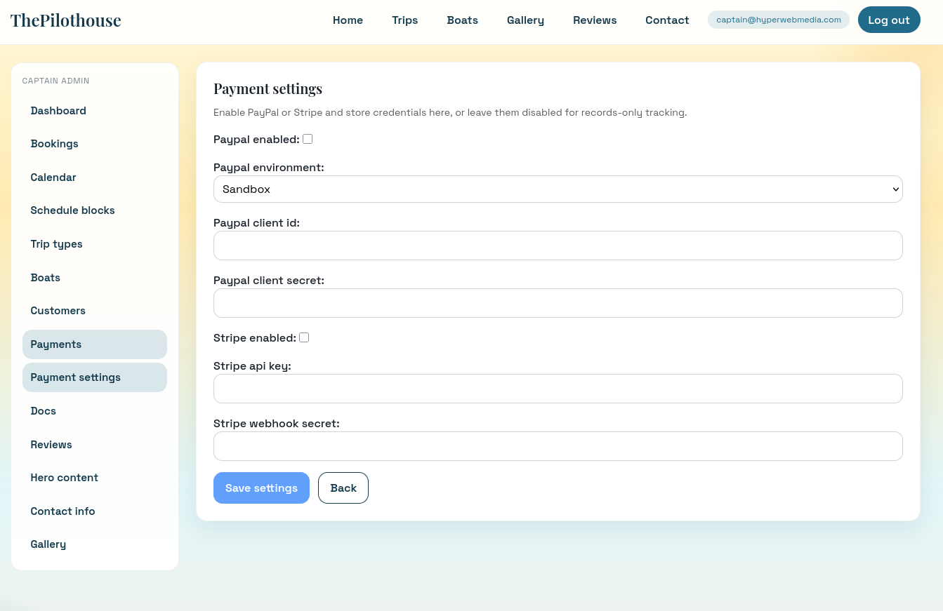 Pilothouse payments settings for PayPal and Stripe - Charter boat software
