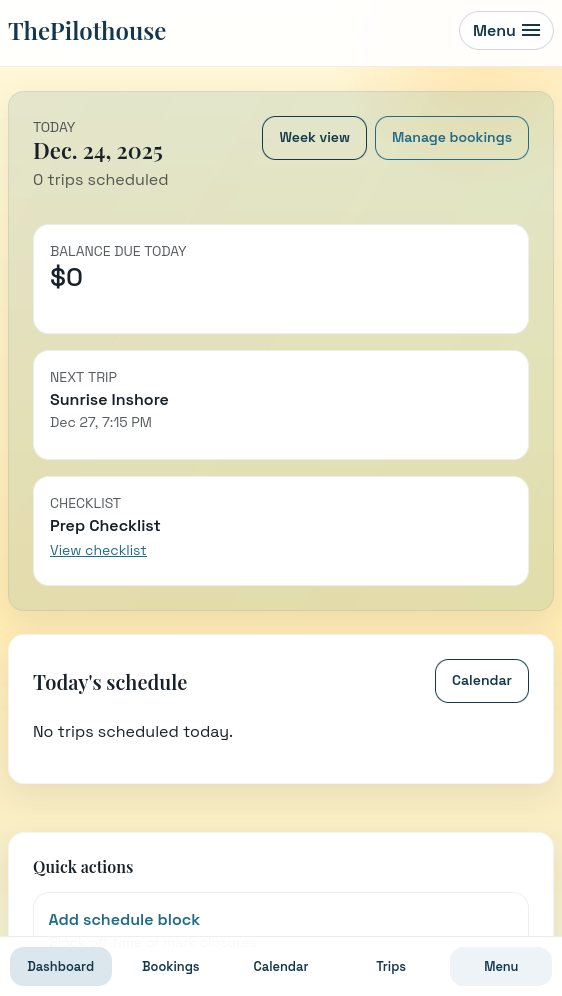 Pilothouse mobile dashboard view for managing bookings on the go - Charter captain dashboard