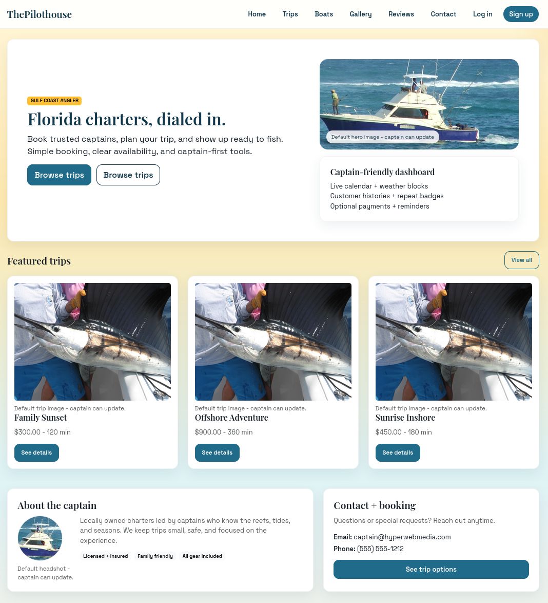Pilothouse public site layout showing trip listings and calls to action - Charter captain software
