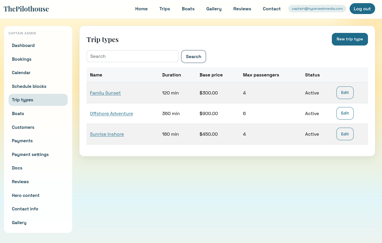 Pilothouse trip type editor with pricing and duration fields - Charter boat software