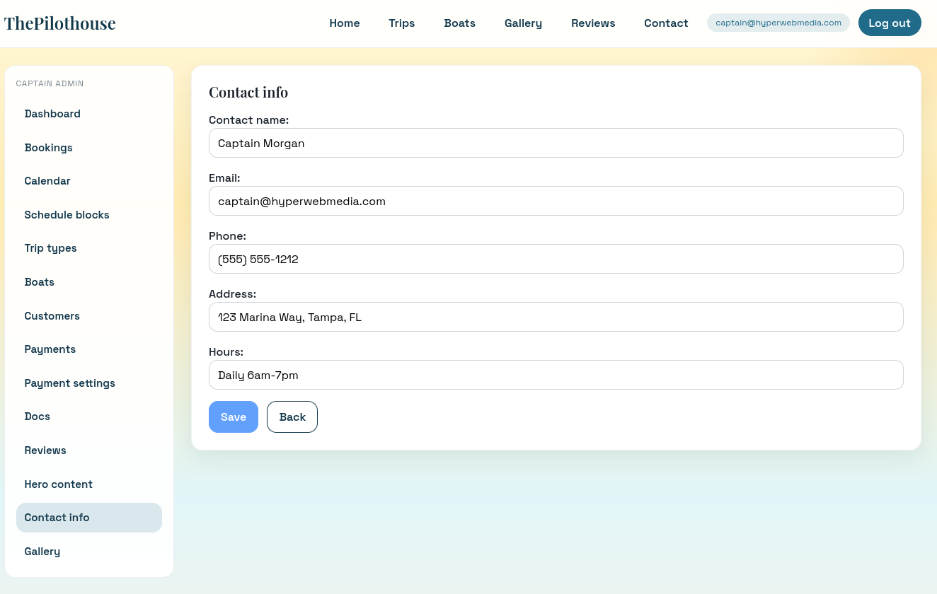Pilothouse contact details editor for phone, email, and marina info - Charter captain dashboard